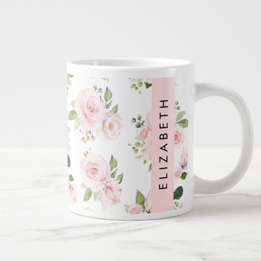 ピンクの花,バラ,水彩の花,あなたの名前 ジャンボコーヒーマグカップ (右)