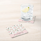 ピンクの花，バラ，水彩の花，あなたの名前 スクエアペーパーコースター (インサイチュ)