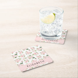 ピンクの花,バラ,水彩の花,あなたの名前 スクエアペーパーコースター