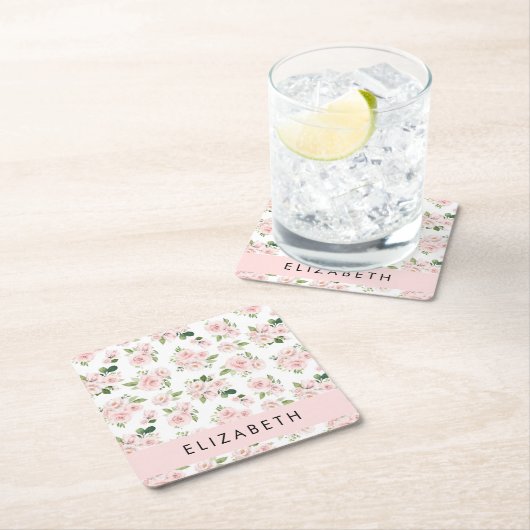 ピンクの花，バラ，水彩の花，あなたの名前 スクエアペーパーコースター (インサイチュ)