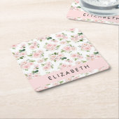 ピンクの花，バラ，水彩の花，あなたの名前 スクエアペーパーコースター (アングル)