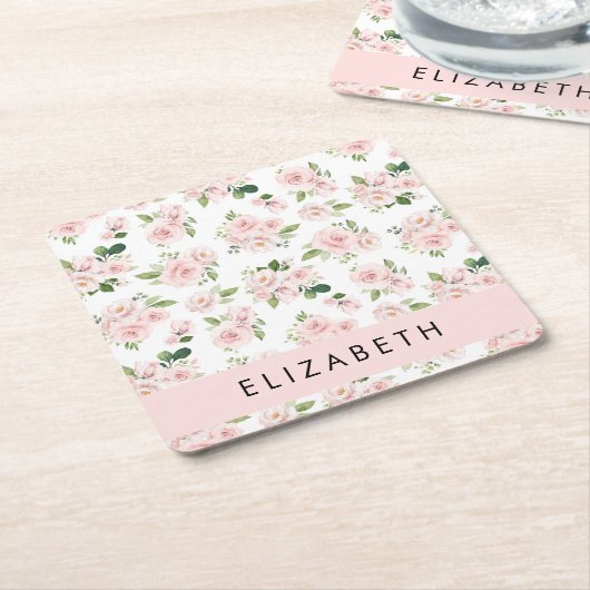 ピンクの花，バラ，水彩の花，あなたの名前 スクエアペーパーコースター (アングル)