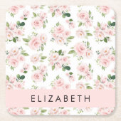 ピンクの花，バラ，水彩の花，あなたの名前 スクエアペーパーコースター (正面)