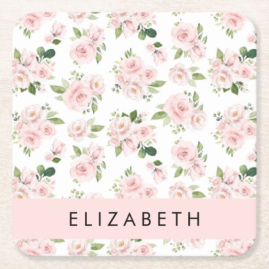 ピンクの花，バラ，水彩の花，あなたの名前 スクエアペーパーコースター (正面)