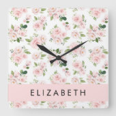 ピンクの花，バラ，水彩の花，あなたの名前 スクエア壁時計 (正面)