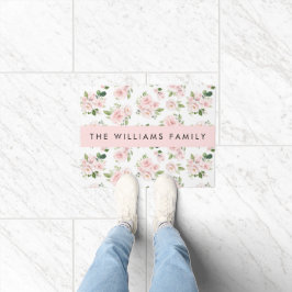 ピンクの花,バラ,水彩の花,あなたの名前 ドアマット