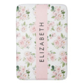 ピンクの花，バラ，水彩の花，あなたの名前 バスマット (正面縦)