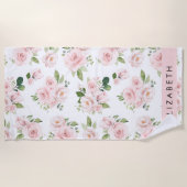 ピンクの花,バラ,水彩の花,あなたの名前 ビーチタオル (正面)