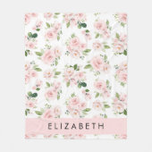 ピンクの花，バラ，水彩の花，あなたの名前 フリースブランケット (正面)