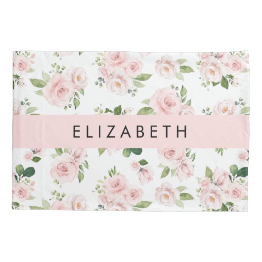 ピンクの花,バラ,水彩の花,あなたの名前 枕カバー (裏面)