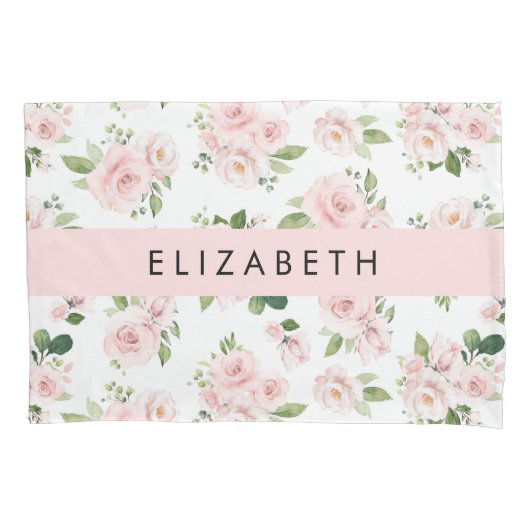 ピンクの花,バラ,水彩の花,あなたの名前 枕カバー (正面)