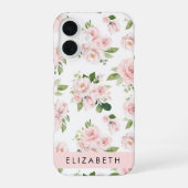 ピンクの花、バラ、水彩画の花、お名前 iPhone 16ケース (裏面)