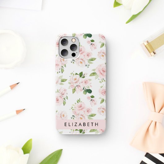 ピンクの花、バラ、水彩画の花、お名前 iPhone 16ケース
