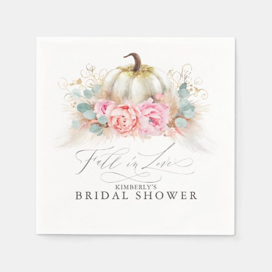 ピンクの花 パンパス草と白いカボチャ スタンダードカクテルナプキン (正面)