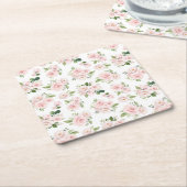 ピンクの花、ピンクのバラ、水彩花 スクエアペーパーコースター (アングル)