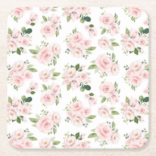 ピンクの花、ピンクのバラ、水彩花 スクエアペーパーコースター (正面)