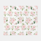 ピンクの花、ピンクのバラ、水彩花 フリースブランケット (正面(横))