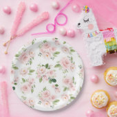 ピンクの花、ピンクのバラ、水彩花 ペーパープレート (パーティー)