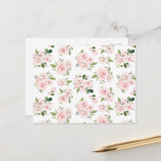 ピンクの花、ピンクのバラ、水彩花 ポストカード (正面/裏面インサイチュ)