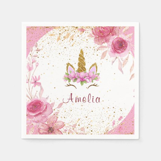 ピンクの花|ユニコーンの誕生日パーティー スタンダードカクテルナプキン (正面)