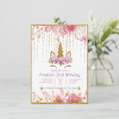 ピンクの花|ユニコーンの誕生日パーティー 招待状 (スタンド正面)