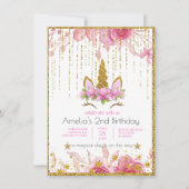 ピンクの花|ユニコーンの誕生日パーティー 招待状 (正面)