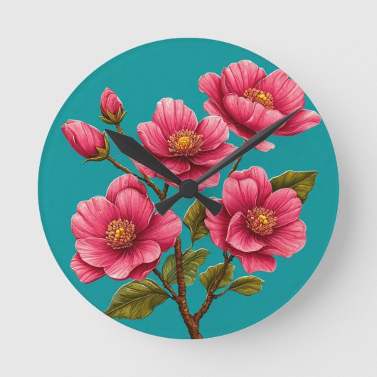 ピンクの花 ラウンド壁時計 (正面)