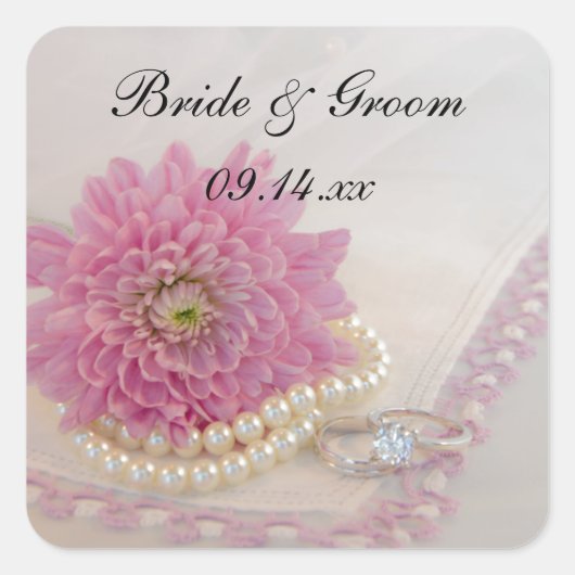 ピンクの花、レースとリングや輪結婚の封筒用シール スクエアシール (正面)