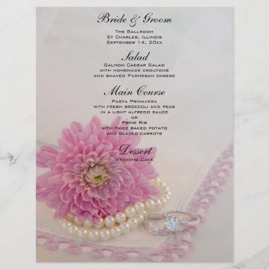ピンクの花、レース、リングや輪結婚のメニュー (正面)