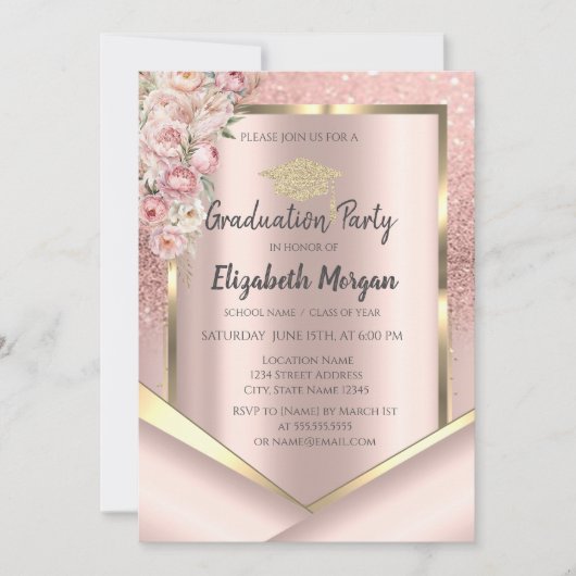 ピンクの花 ローズゴールド グリッター 卒業 招待状 (正面)