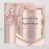 ピンクの花 ローズゴールド グリッター 卒業 招待状 (正面/裏面)