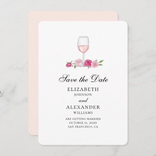 ピンクの花。ワイングラス.バラが日付を保存 招待状 (正面/裏面)