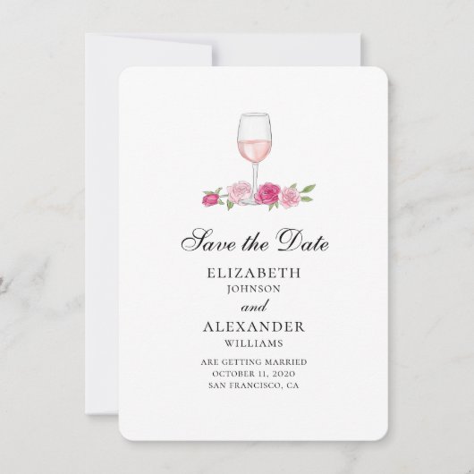 ピンクの花。ワイングラス.バラが日付を保存 招待状 (正面)