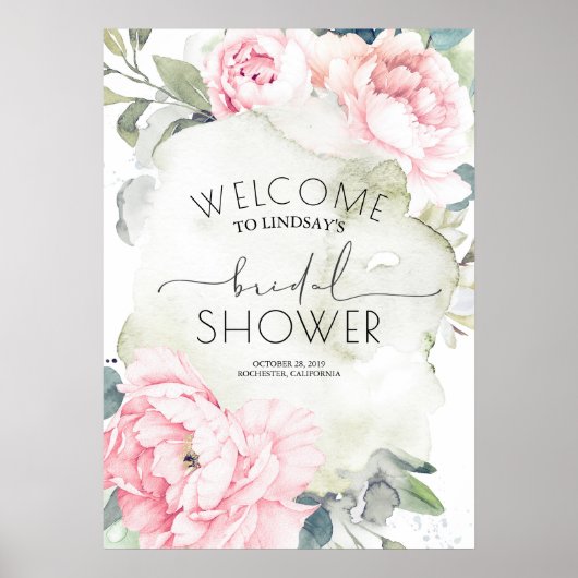 ピンクの花 ヴィンテージ 水彩 結婚前お祝いパーティー ポスター (正面)