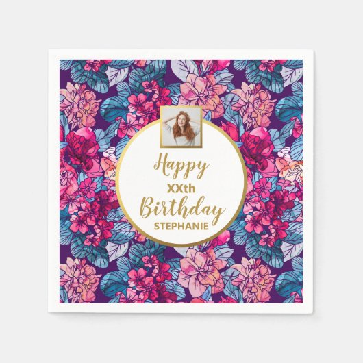 ピンクの花、写真、どんな年齢でも、カスタム誕生日 スタンダードカクテルナプキン (正面)