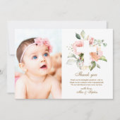 ピンクの花 十字架 フォト 洗礼 感謝カード 招待状 (正面)