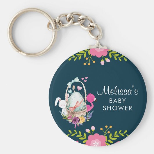 ピンクの花、卵、フラミンゴ&バニーウォータカラー キーホルダー (正面)