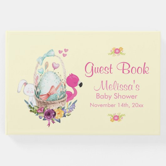 ピンクの花、卵、フラミンゴ&バニーウォータカラー ゲストブック (正面)