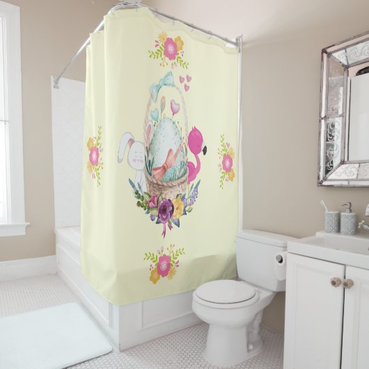 ピンクの花、卵、フラミンゴ&バニーウォータカラー シャワーカーテン (インサイチュ)