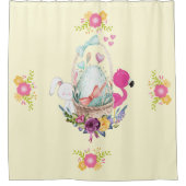 ピンクの花、卵、フラミンゴ&バニーウォータカラー シャワーカーテン (正面)