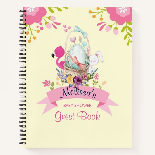 ピンクの花、卵、フラミンゴ&バニーウォータカラー ノートブック (正面)