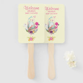 ピンクの花、卵、フラミンゴ&バニーウォータカラー ハンドファン (正面&裏面)