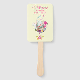 ピンクの花、卵、フラミンゴ&バニーウォータカラー ハンドファン