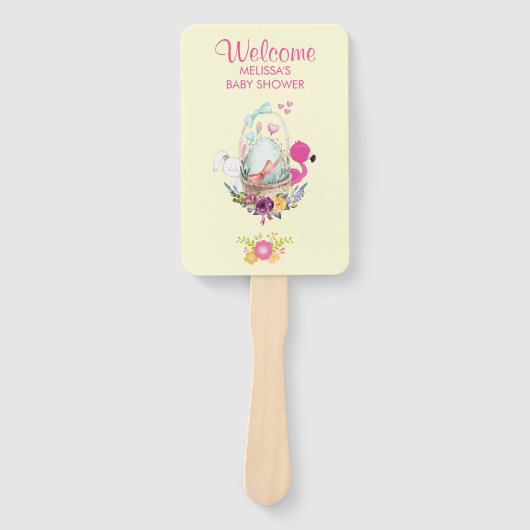 ピンクの花、卵、フラミンゴ&バニーウォータカラー ハンドファン (正面)