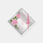 ピンクの花、弓とダイヤモンドの引退 スタンダードカクテルナプキン (角)