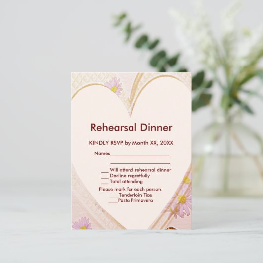 ピンクの花、心のフレーム、指輪 出席確認 予行演習 Dinner インビテーションポストカード (スタンド正面)