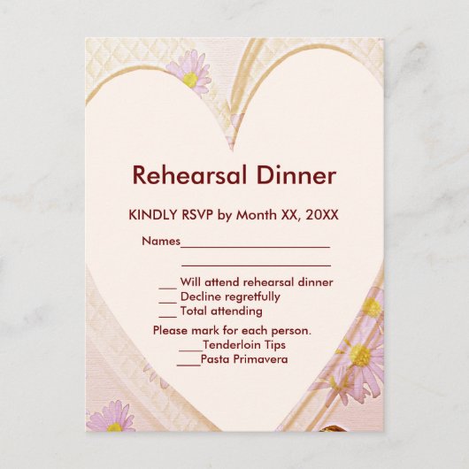 ピンクの花、心のフレーム、指輪 RSVP リハーサルディナー インビテーションポストカード (正面)