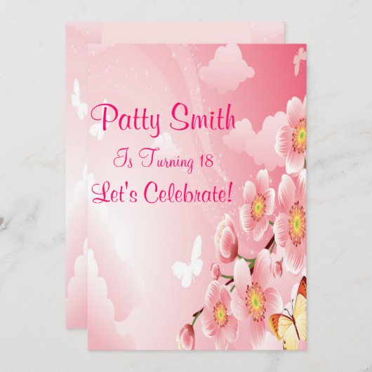 ピンクの花 招待状 (正面/裏面)