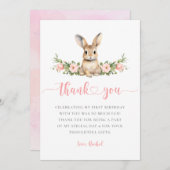 ピンクの花 春のウサギ さくらちゃん 1歳の誕生日 サンキューカード (正面/裏面)