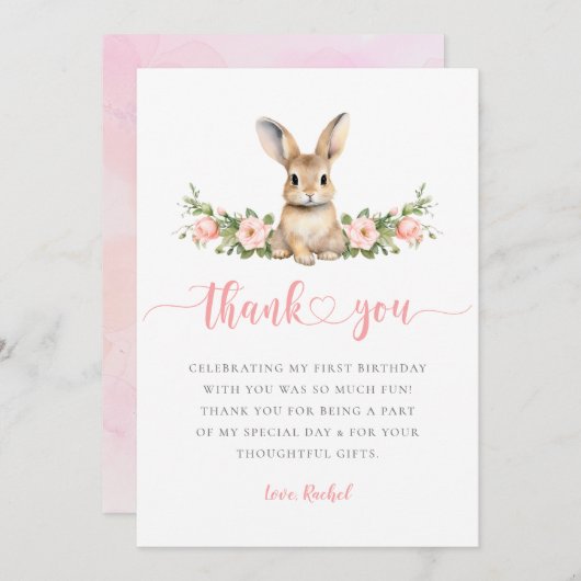 ピンクの花 春のウサギ さくらちゃん 1歳の誕生日 サンキューカード (正面/裏面)